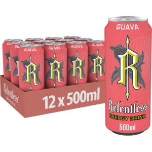 Relentless Guava Energy Drink 12 x 500ml Cans Tropical Guava Flavour Energy Beverage