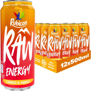 Rubicon RAW Orange & Mango Energy Drink 12 x 500ml Real Fruit Juice Energy Beverage
